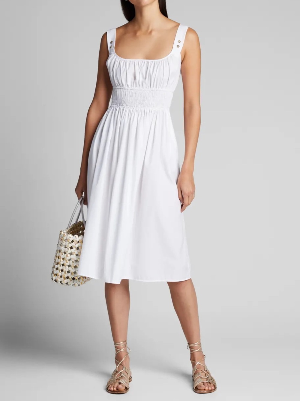 Ciao Lucia Lara Midi Dress Smocked White Cotton Size Large EUC